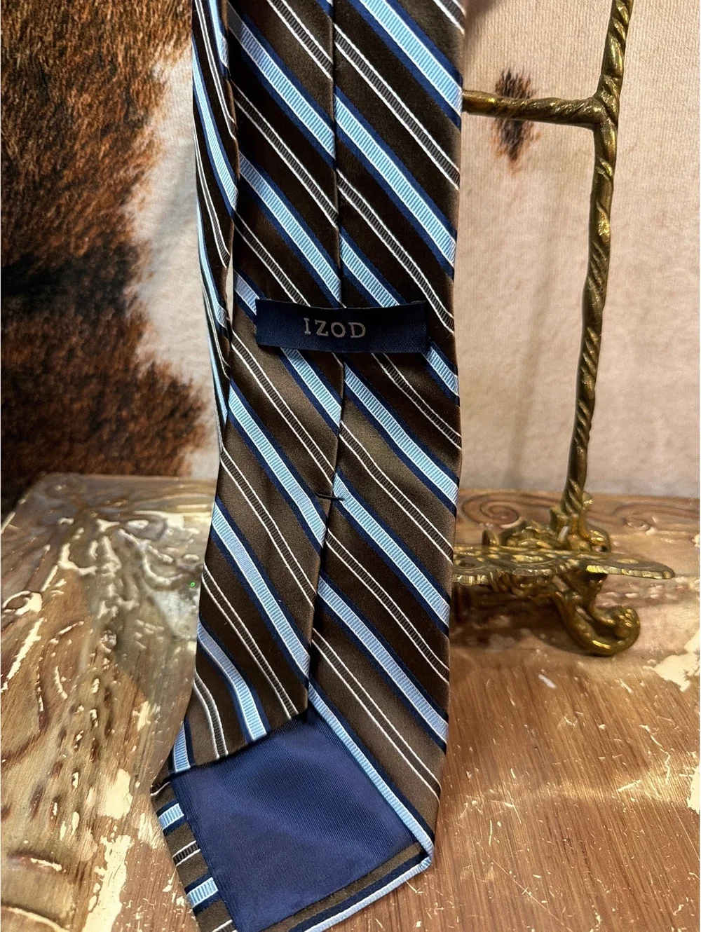 IZOD Men's Brown and Blue Striped Silk Tie